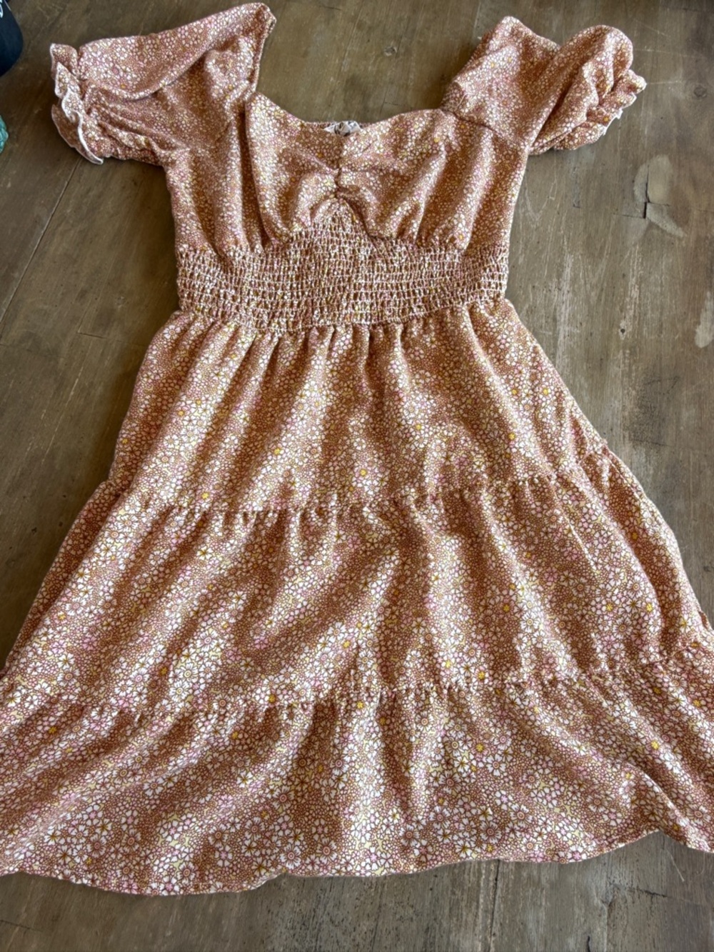 Rose-Pink Floral Smocked Waist Puff Sleeve Midi Dress Size Small